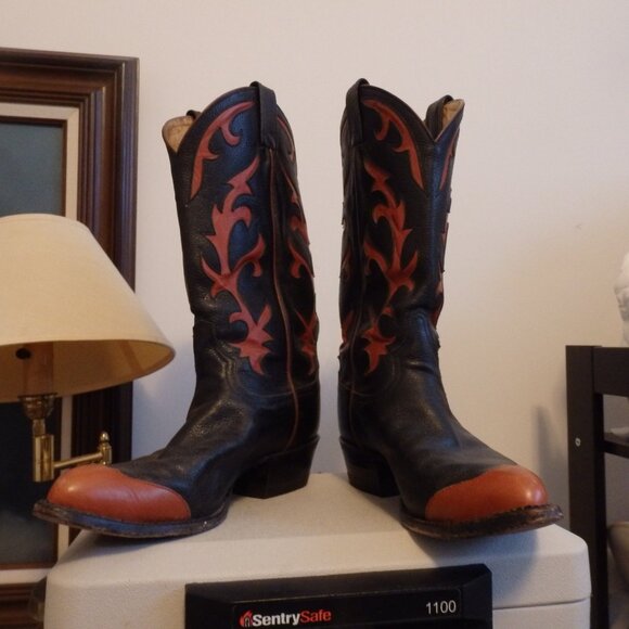 TONY LAMA All Leather black and orange Cowboy Western Boots EUC 8 1/2 D 8.5 D - Picture 2 of 5